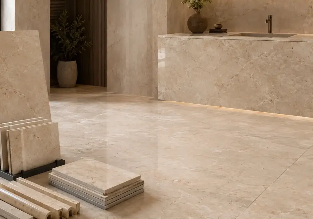 Burberry Beige Marble foyer reception wall in a premium architectural gallery with upright slabs and elegant finishes