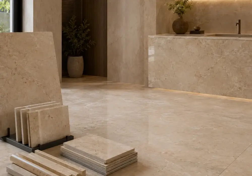 Creamy beige fields and soft taupe waves define this polished slab, showcasing refined Turkish Burberry Beige marble beauty.