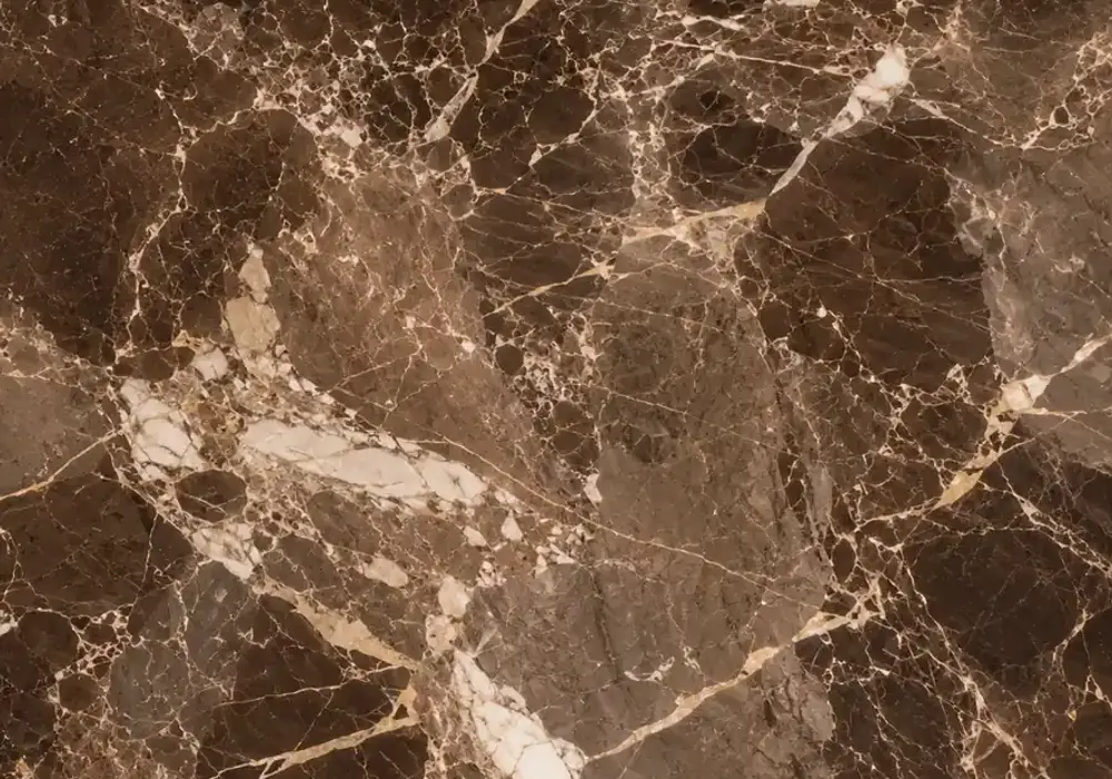 Bvlgari Brown marble luxury foyer panel with copper-brown stone and subtle cream, earth-grey and linear tonal movement.