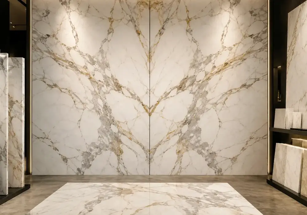 grey taupe and gold veins sweep across a bookmatched foyer wall, fireplace and vanity with coordinated polished slab pieces.