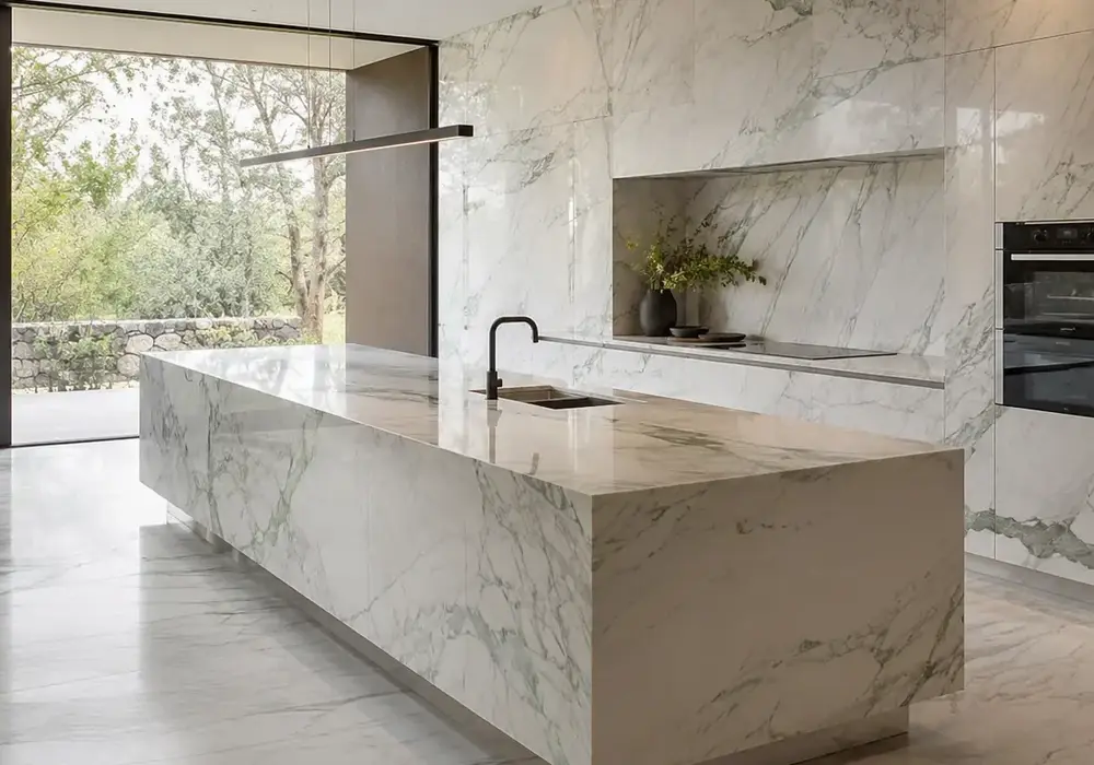 Calacatta Sponda alias in an ultra-luxury kitchen, showing authentic veining, polished stone depth and architectural detail.
