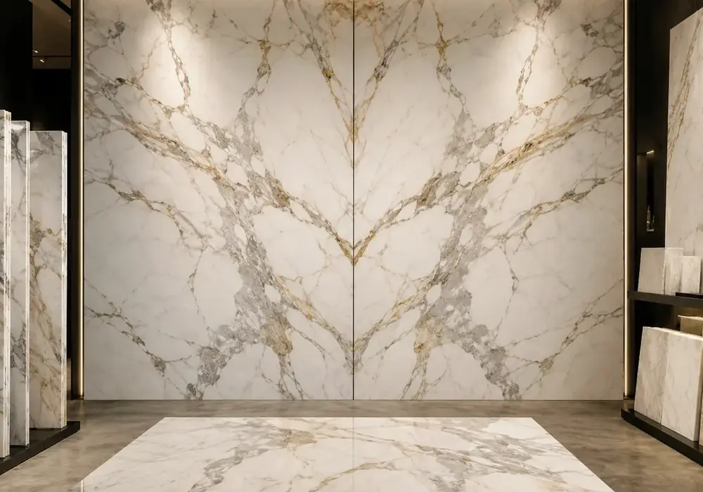 Golden-edged grey ribbons sweep across Calacatta Borghini Marble, celebrating its renowned Borghini quarry heritage today.
