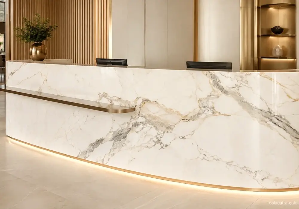 Calacatta Caldia slabs in a luxury bathroom, with authentic veining, polished stone depth and refined architectural detail.