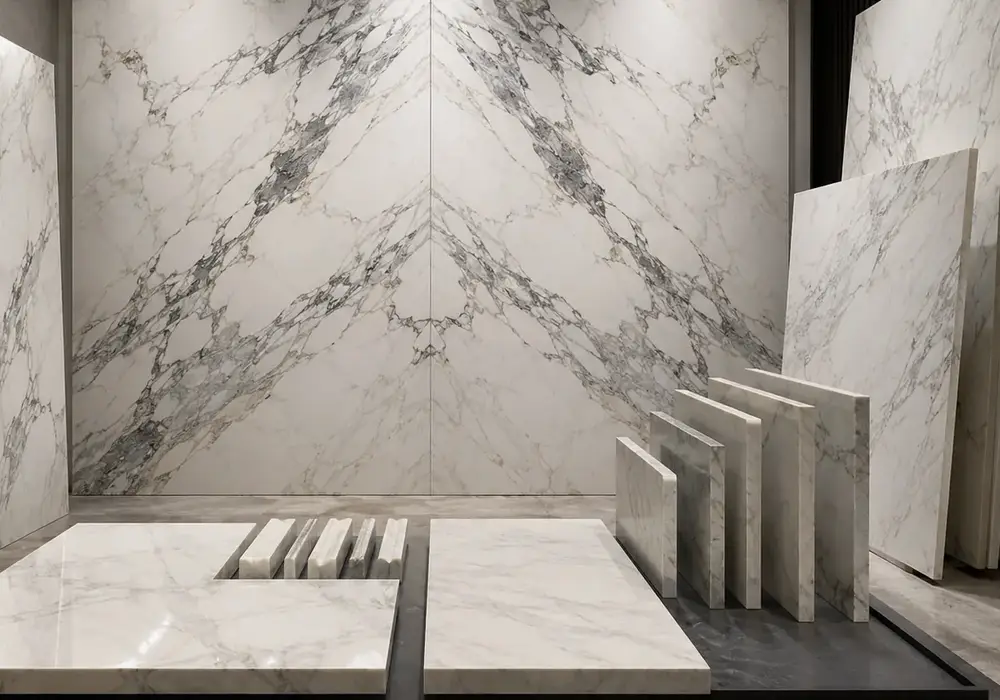 Calacatta Dover marble luxury fireplace wall with creamy white stone and soft fluid grey, milky and taupe movement.