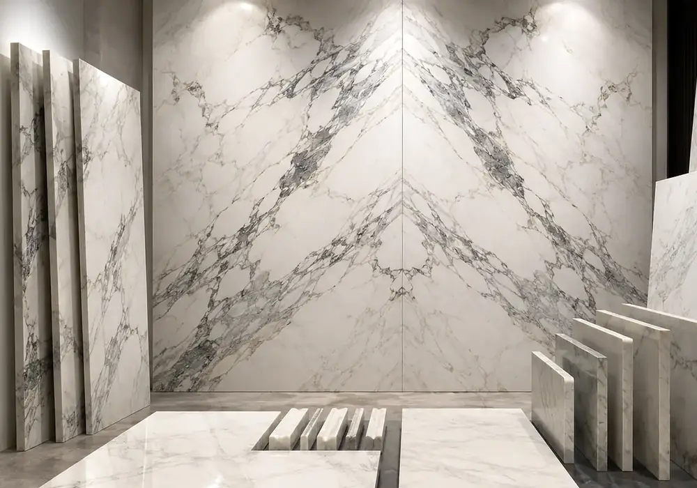 Calacatta Dover tiles with fluid grey-white slabs, polished, honed and leathered samples plus cut-to-size fabrication pieces