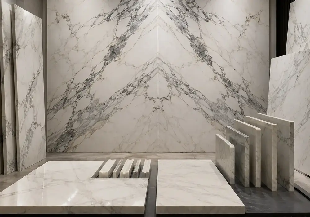 Soft Dover White marble slab with a luminous ivory field, flowing grey-white swirls and subtle blue-green mineral tones.