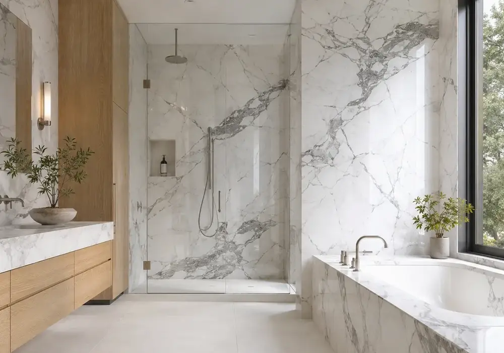 Volakas-related white marble slabs arranged for approval beside a stone table, edge samples and project-ready slab pieces.