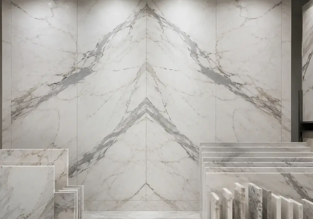 Calacatta Lincoln marble reception wall with warm white stone and elegant silver, charcoal and soft-gold veining.