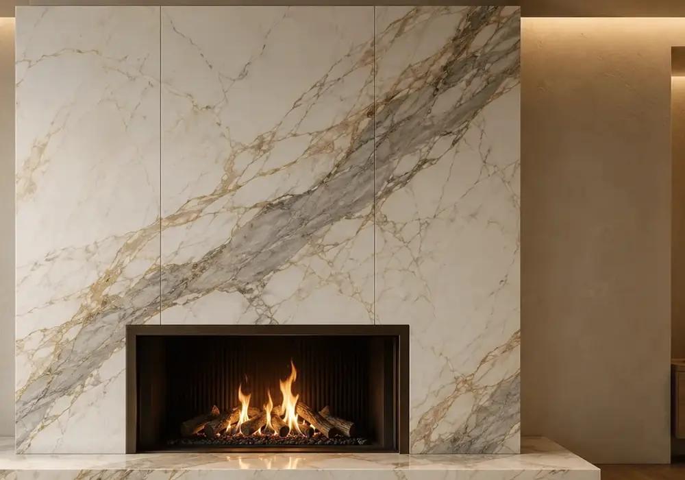 Golden Calacatta marble in a high-end kitchen, showing natural slab variation, true stone texture and architectural detail.