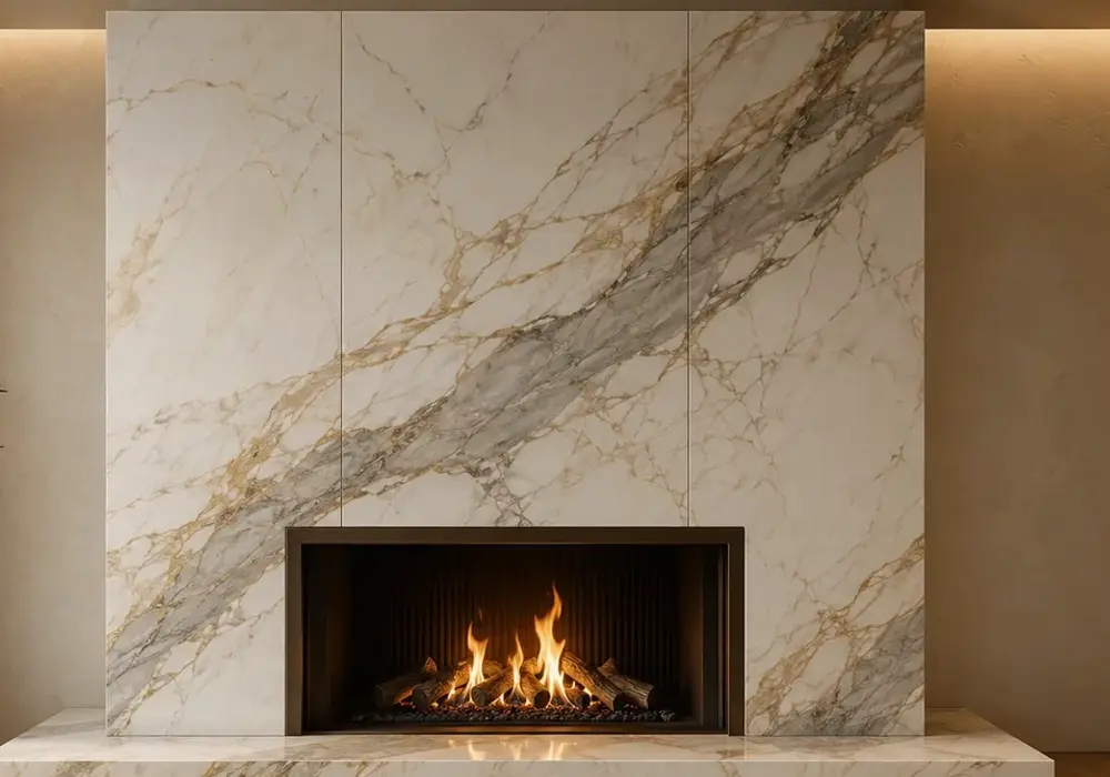 Calacatta Oro Marble displayed in a luxury stone showroom with upright slabs, refined applications and finish samples