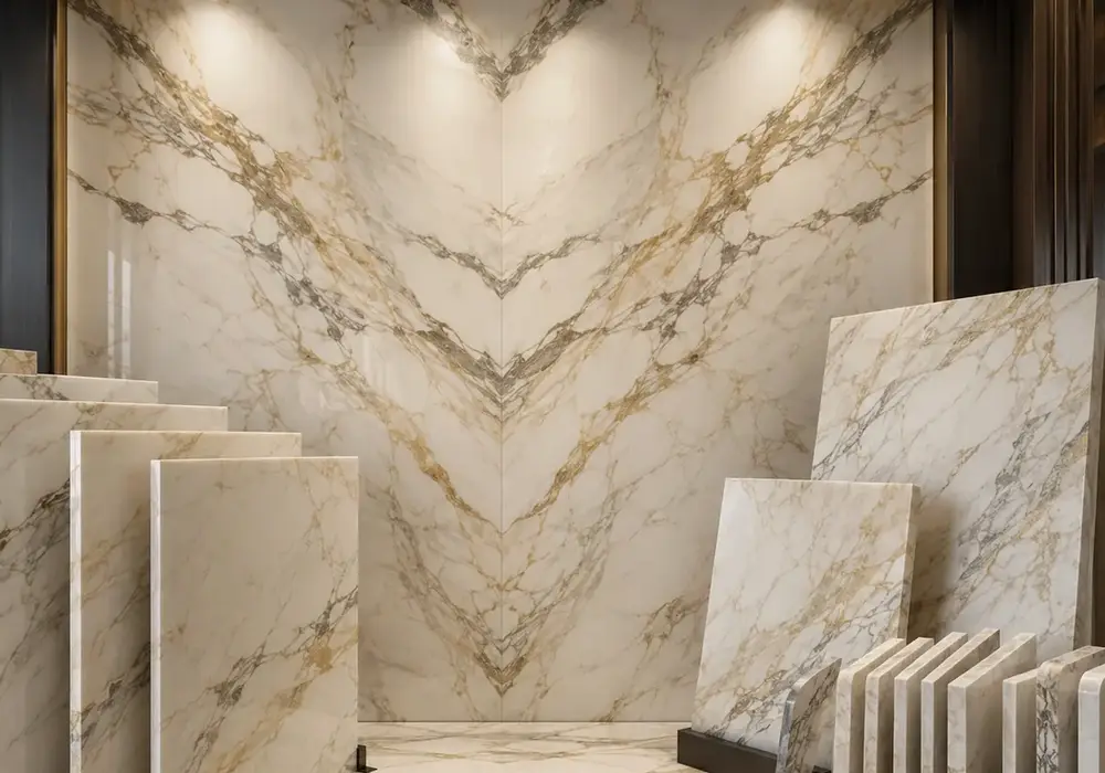 rare Italian marble slabs for selection with a polished vanity or island sample and honed offcut showing grey-gold veins.