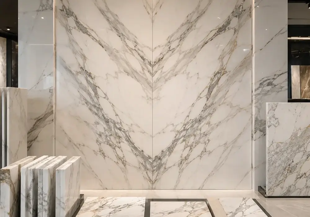 Grey and muted-gold ribbons cross luminous white stone, showcasing the bold elegance of Italian Calacatta Sponda marble.