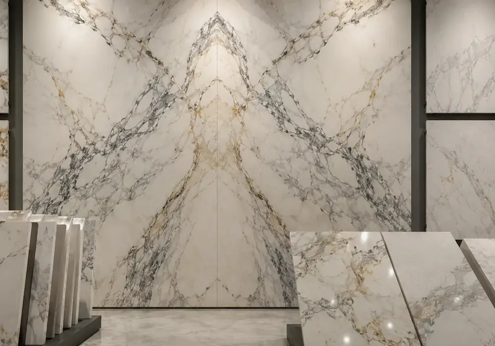 Calacatta Vagli marble bookmatched fireplace wall with luminous white stone and sweeping grey, beige and gold veins.