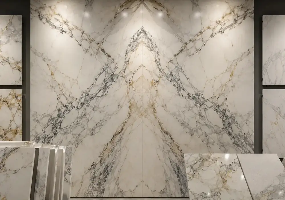 Calacatta Vagli bookmatch joins consecutive white slabs into a finished wall with sweeping grey, beige and gold vein ribbons
