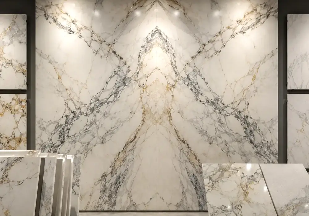 Grey and gold ribbons sweep through luminous Calacatta Vagli Marble, defining premium Italian Calacatta Vagli marble beauty.