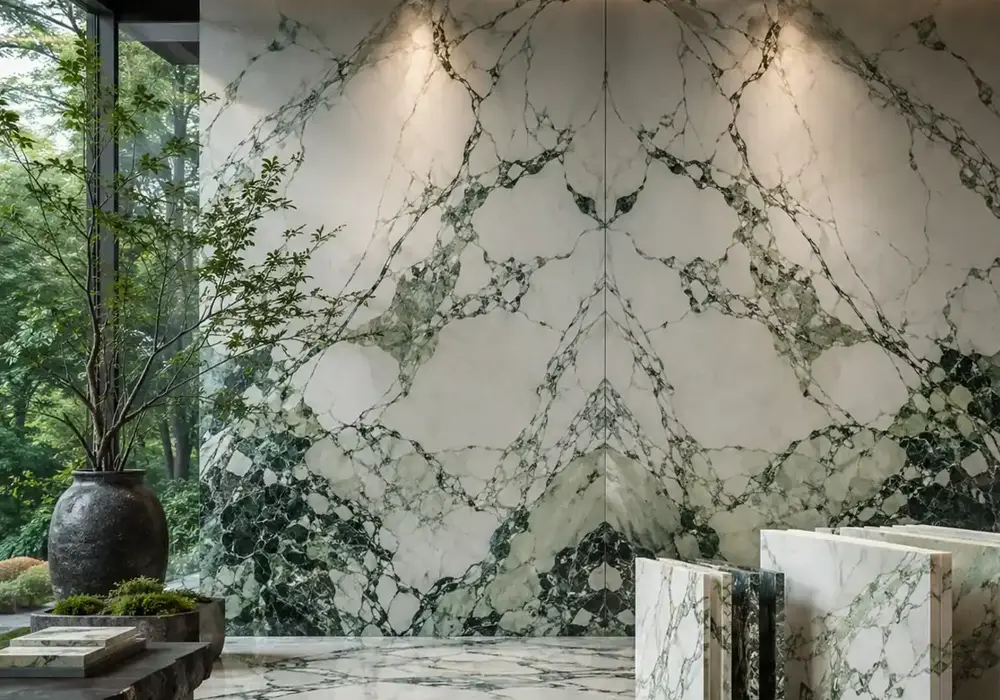 Calacatta Verde marble bookmatched luxury wall with vivid green veining across a luminous white background