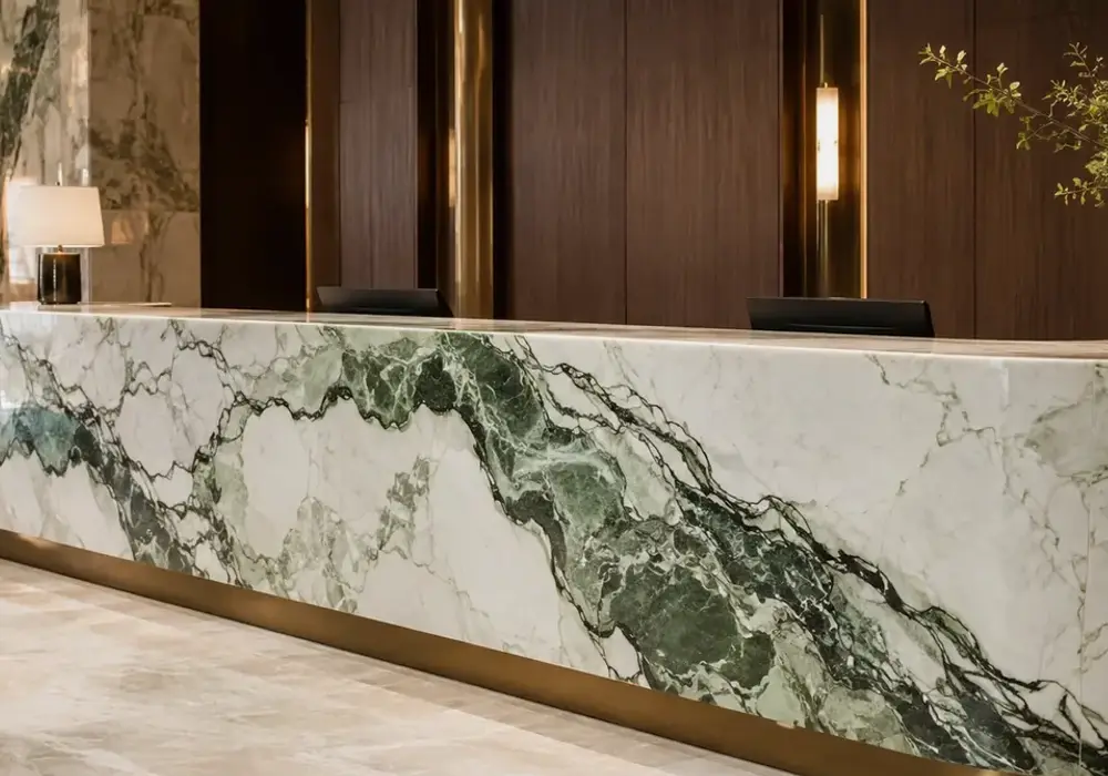 Italian Calacatta Verde in a luxury kitchen, with natural veining, polished stone depth and refined architectural character.