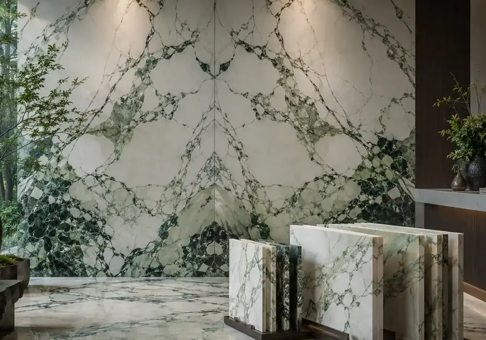 Calacatta Verde slabs used on a polished waterfall island and bookmatched wall with broad sage and emerald rivers on white.