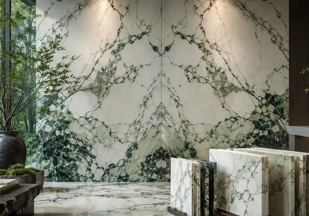 Calacatta Verde marble price slab featuring green and white, branching veins and natural veining, with smooth luminous depth.
