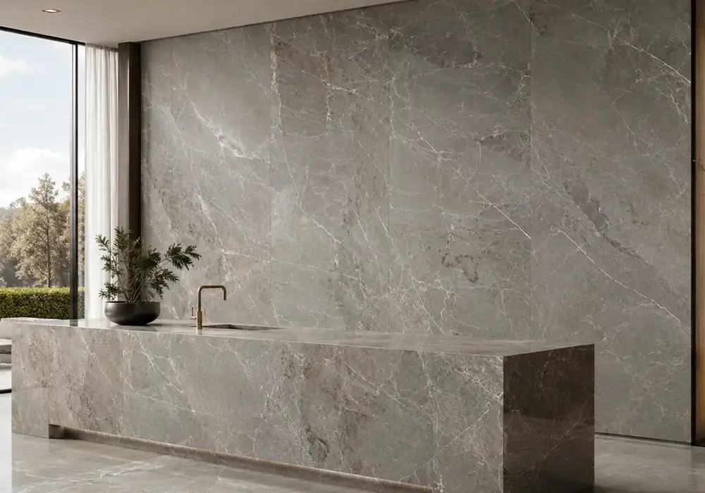 Calacatta Violet alias in a luxury kitchen, showing natural mineral movement, natural stone depth and architectural detail.