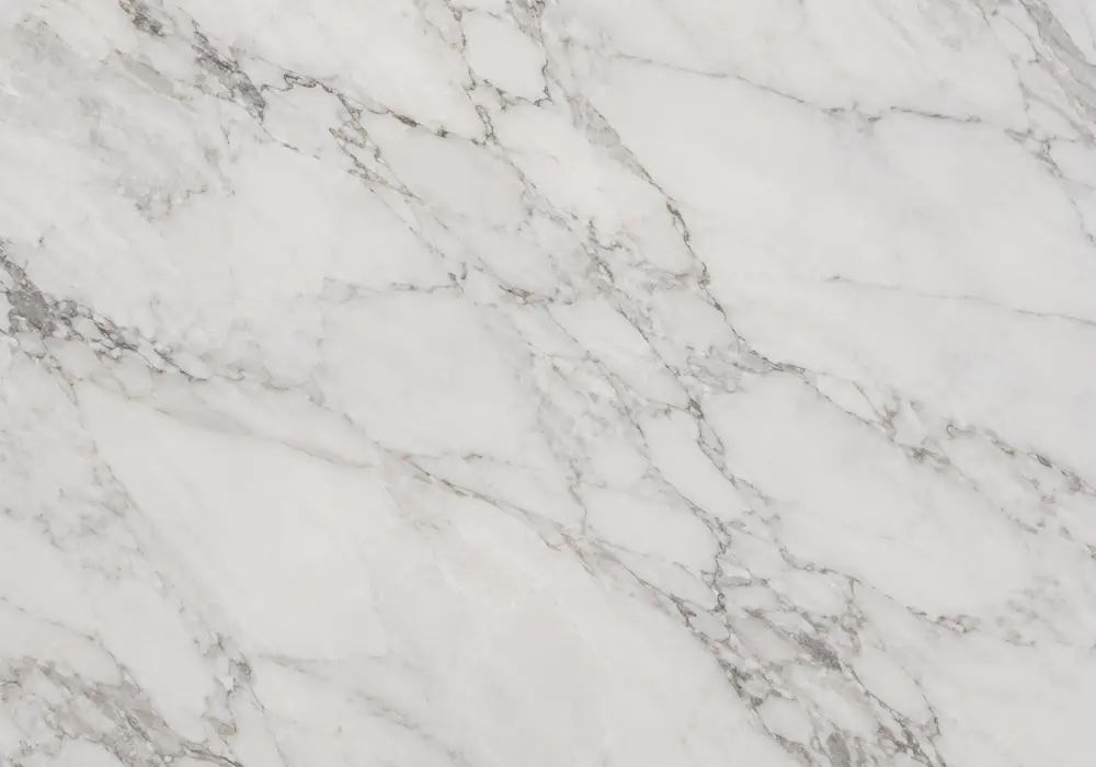 Calacatta Capraia on polished island and bookmatched wall with bold burgundy, violet, grey and multicolour breccia movement.