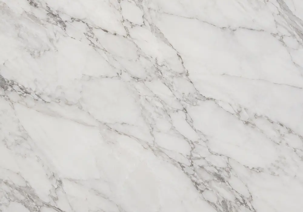 Carara countertop and backsplash in cool white stone with fine silver-grey veins, honed flooring, stairs and bathroom vanity.