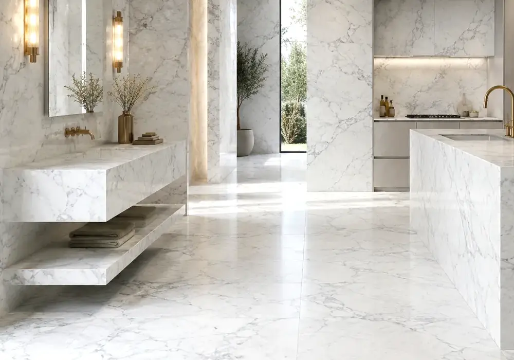 soft white background with silver-grey veins on honed floors and walls, a polished vanity and sheltered exterior threshold.