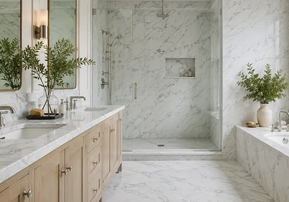 Carrara White Marble slab gallery presentation with full natural panels and refined showroom lighting