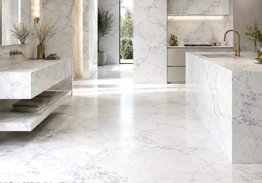 Cool Carrara White Marble shows feathery silver-grey veins and soft grey clouds from the classic Carrara Apuan Alps origin.