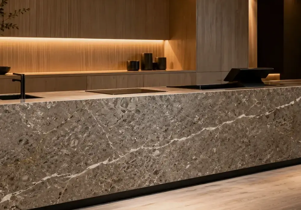 Chinese Chanel Grey marble used in a contemporary bathroom, showing realistic stone depth and refined architectural detail.
