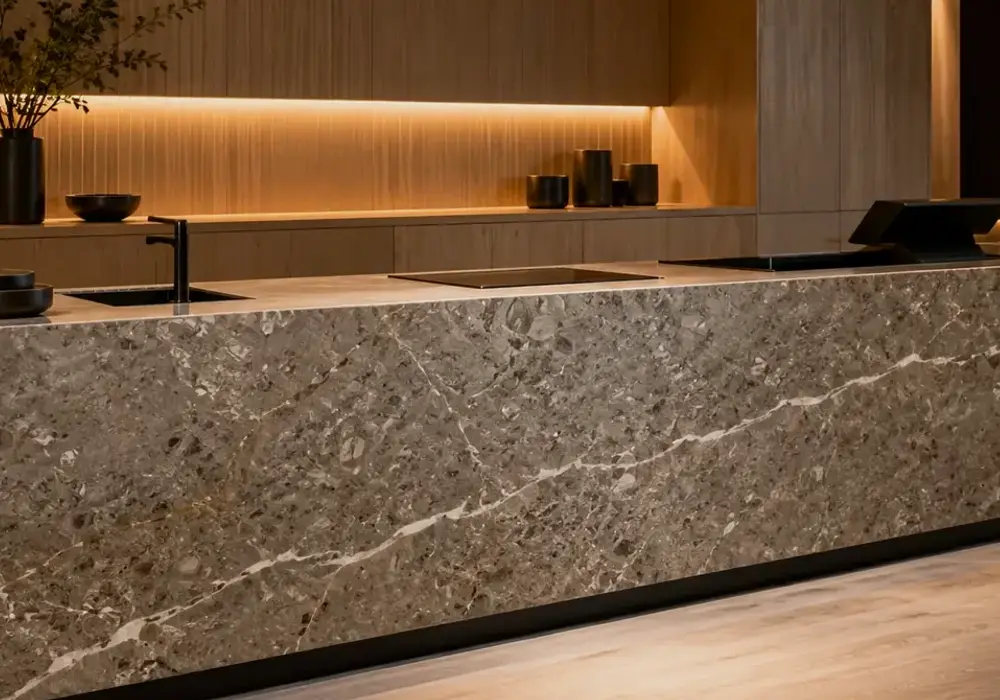 Chanel Grey marble sophisticated foyer panel with elegant grey stone and soft silver natural movement