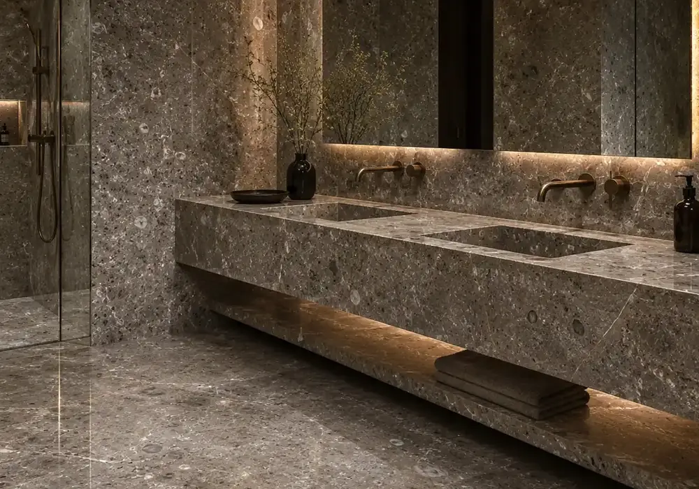 Chanel Grey stairs with honed treads and shower floor, polished wall panels and vanity in greige stone with caramel veining.