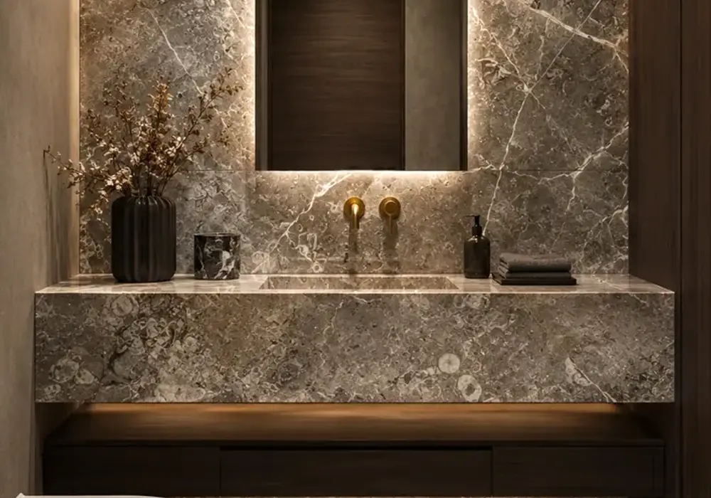 Detailed Chanel Grey marble price slab with grey and beige, branching veins and mineral specks, and balanced mineral detail.