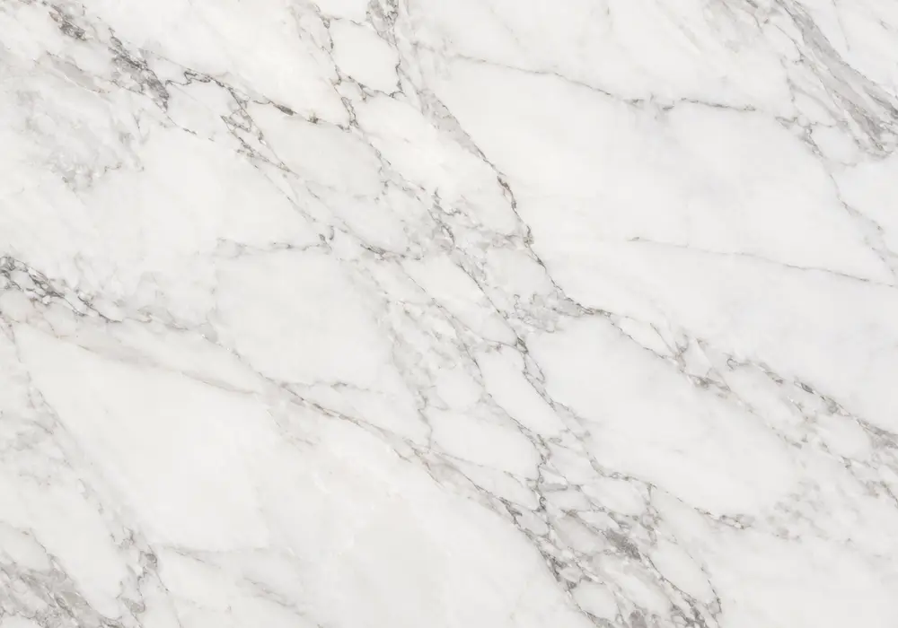 Civic White marble bookmatched wall panel with creamy white stone and delicate straight grey Volakas-style veins.