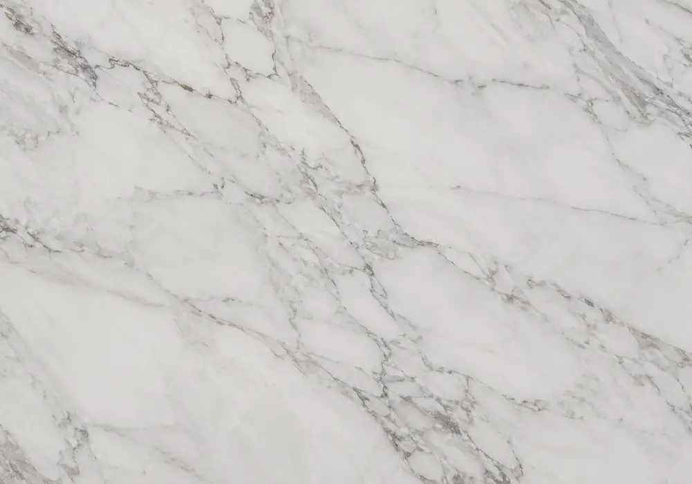 Civic White vs Thassos on counter, vanity and wall, comparing veined creamy white stone with cleaner crystalline white slab.