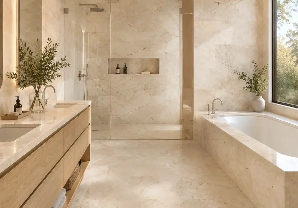 Crema Ivory Marble luxury stone showroom display with large natural slabs and elegant architectural applications