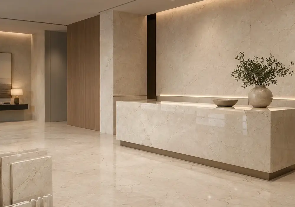 brushed cream stone slabs and tiles beside polished and honed samples with a custom vanity in a warm premium stone showroom.