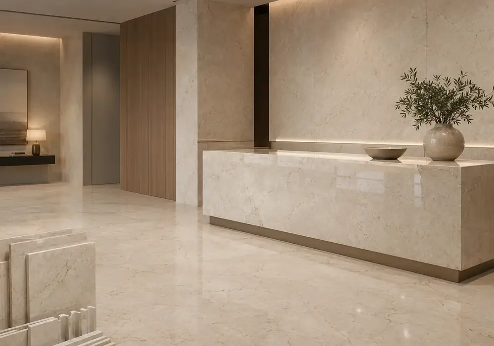 Soft cream veins and subtle fossils enrich Crema Ivory Marble, creating a calm and elegant warm ivory-beige stone surface.