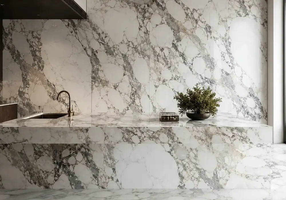 Crema Marfil Marble dining tabletop in a refined material gallery with natural slabs and coordinated wall finishes