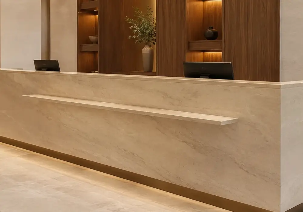 Crema Uno slabs in a five-star hotel lobby, showing natural mineral movement, natural stone depth and architectural detail.