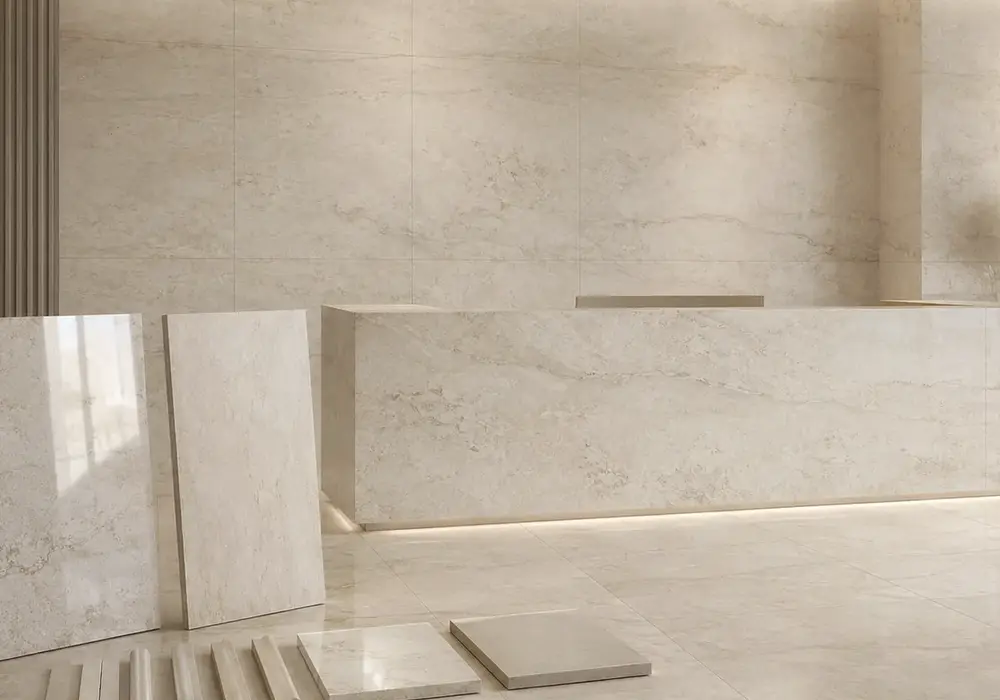 Crema Uno Marble foyer reception wall displayed with full stone slabs in a contemporary luxury showroom