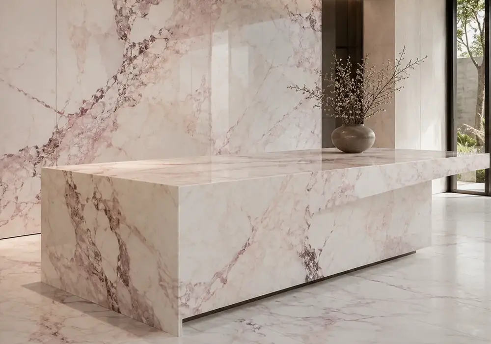 Carrara white marble comparison in cream interior with polished counter, sink and vanity, showing grey-taupe feathered veins.