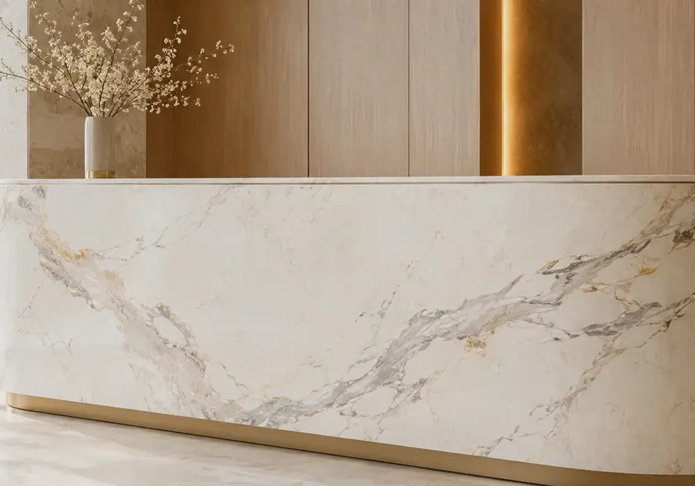 Cremo Delicato marble fireplace surround with creamy white stone and soft beige-grey delicate veining.