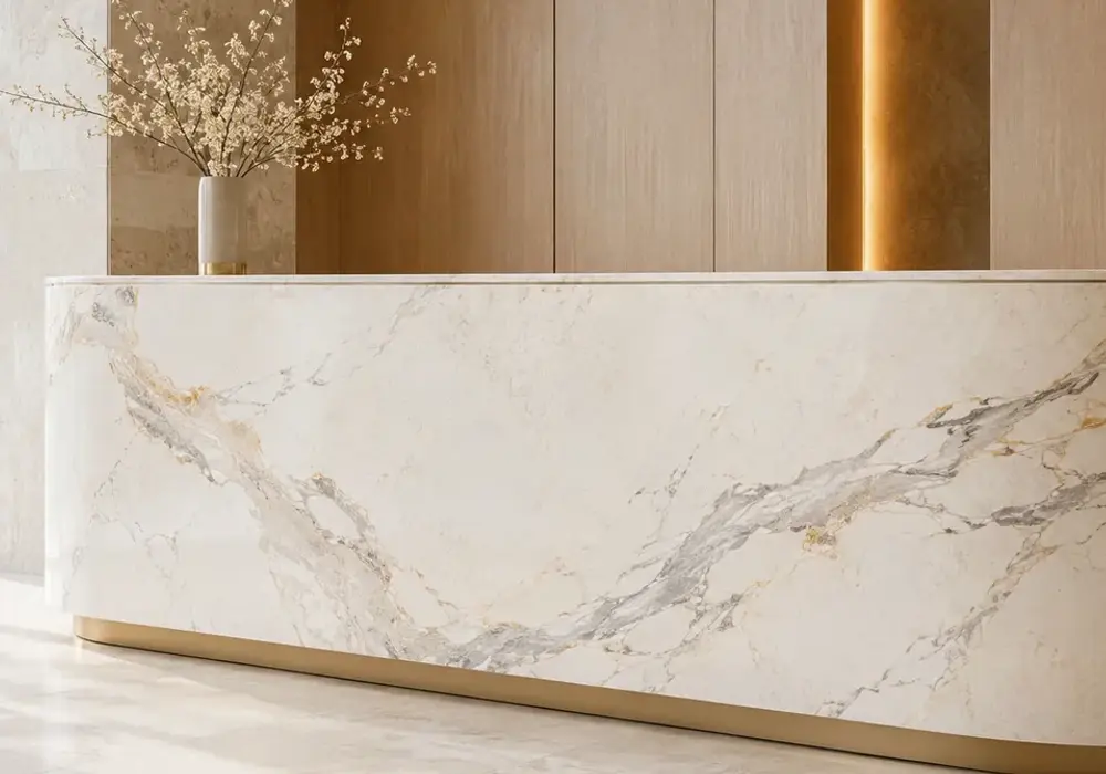 Cremo Delicato kitchen in a luxury kitchen, showing natural veining, polished stone depth and refined architectural detail.