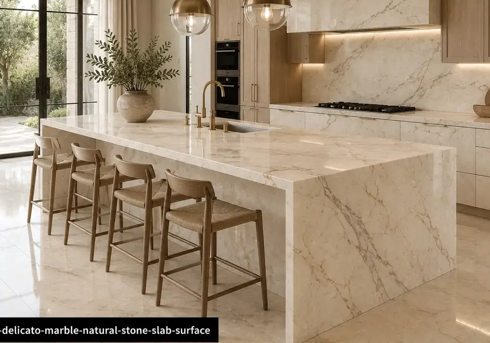 Close slab view for Calacatta Cremo marble, showing white and grey, natural veining and fine pores, plus fine mineral depth.