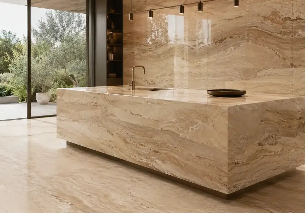 Da Vinci beige marble on polished countertop and feature wall with honed bath areas, showing coffee-taupe clouds and ribbons.