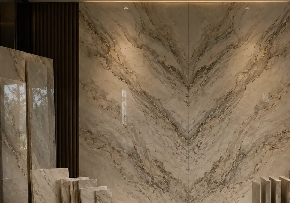 Da Vinci marble UAE in an executive lounge, showing natural veining, polished stone depth and refined architectural detail.