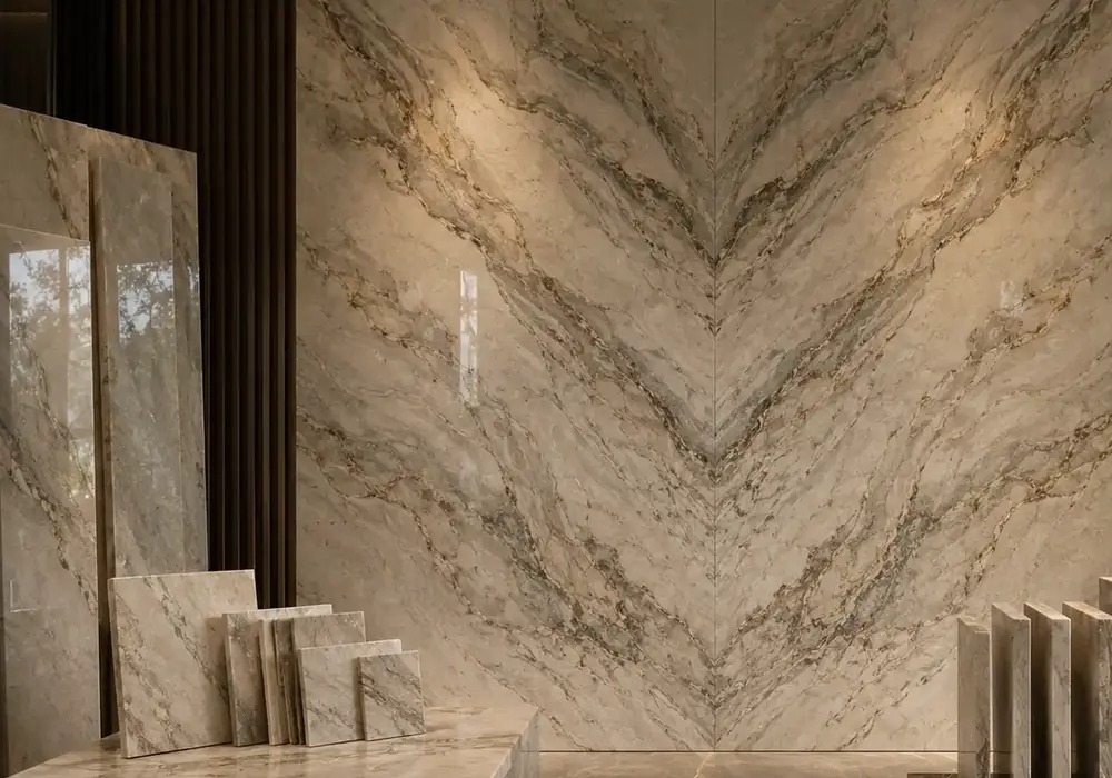 Stone detail for Da Vinci marble price, combining brown and cream, sweeping ribbons and soft swirls, plus fine mineral depth.