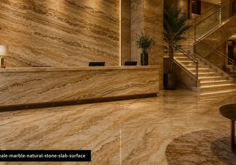 light-brown marble veining flows through vein-cut and cross-cut slabs used on flooring, stairs and a sheltered patio sample.