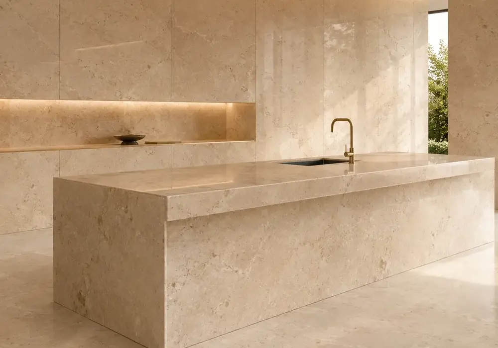Daino Reale Marble reception feature wall in a premium stone showroom with upright slabs and refined finishes
